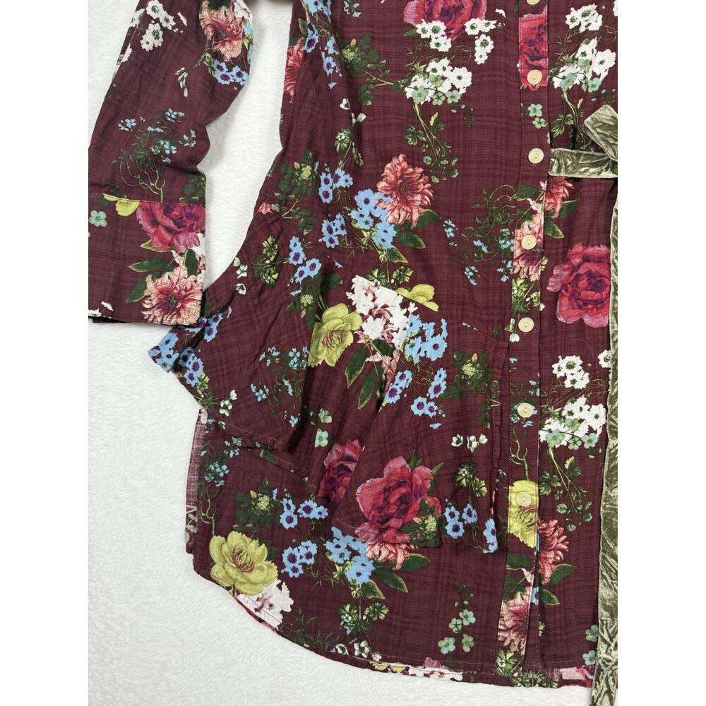 Ivy Jane Women’s Tunic Shirt Dress Sz S Burgundy Floral Ruffled Velvet Tie - Picture 4 of 12